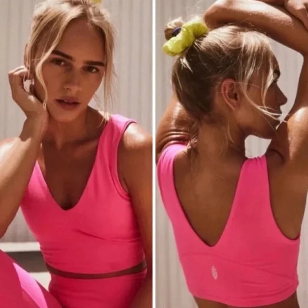 New Free People Movement Never Better Crop V-Neck Hot Pink Tank Top Small NWOT